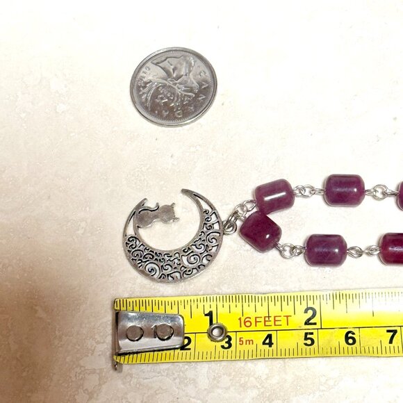 Genuine Magenta Chalcedony Short Necklace, Gemstone & Cat on the Moon Charm - Picture 13 of 14